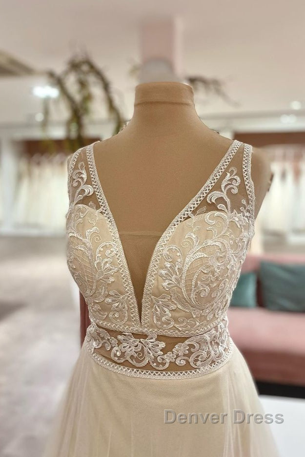 Long Sweetheart A-Line Tulle Appliques Lace Wedding Dresses