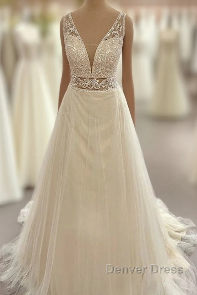 Long Sweetheart A-Line Tulle Appliques Lace Wedding Dresses Main image