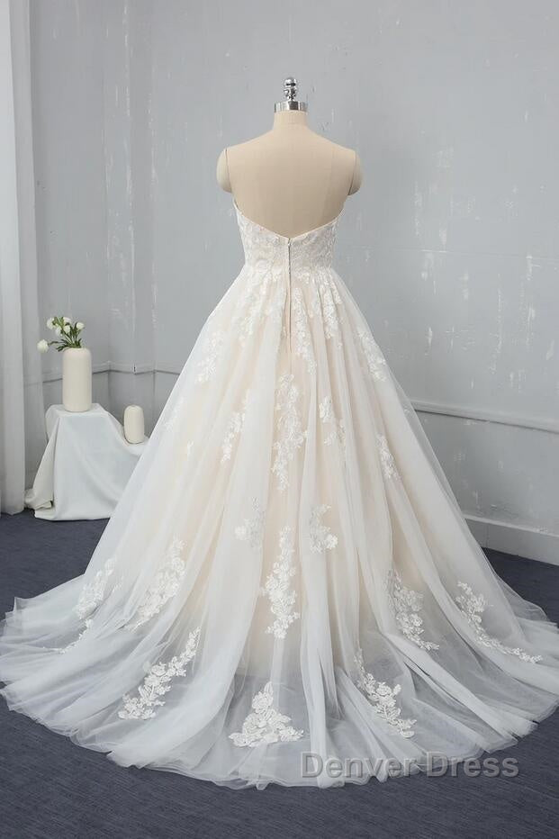 Long Sweetheart Backless Appliques Lace Tulle A Line Wedding Dresses Secondary image