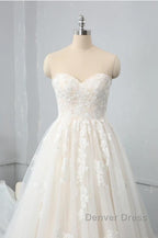 Long Sweetheart Backless Appliques Lace Tulle A Line Wedding Dresses