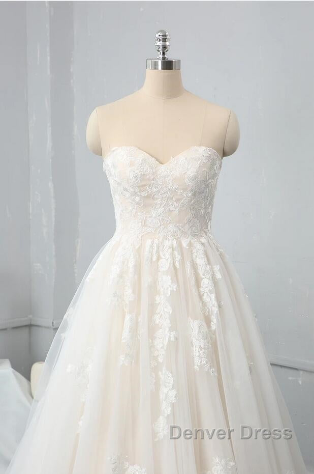 Long Sweetheart Backless Appliques Lace Tulle A Line Wedding Dresses