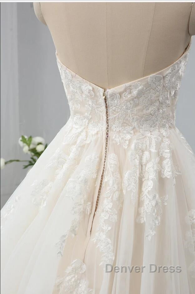 Long Sweetheart Backless Appliques Lace Tulle A Line Wedding Dresses