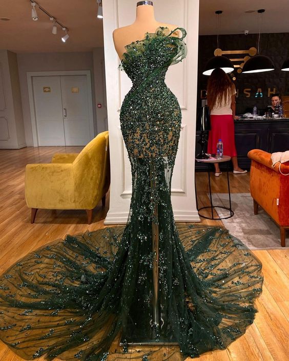 Long Train Strapless Green Prom Dresses Arabic Mermaid Prom Gown For Women Main image