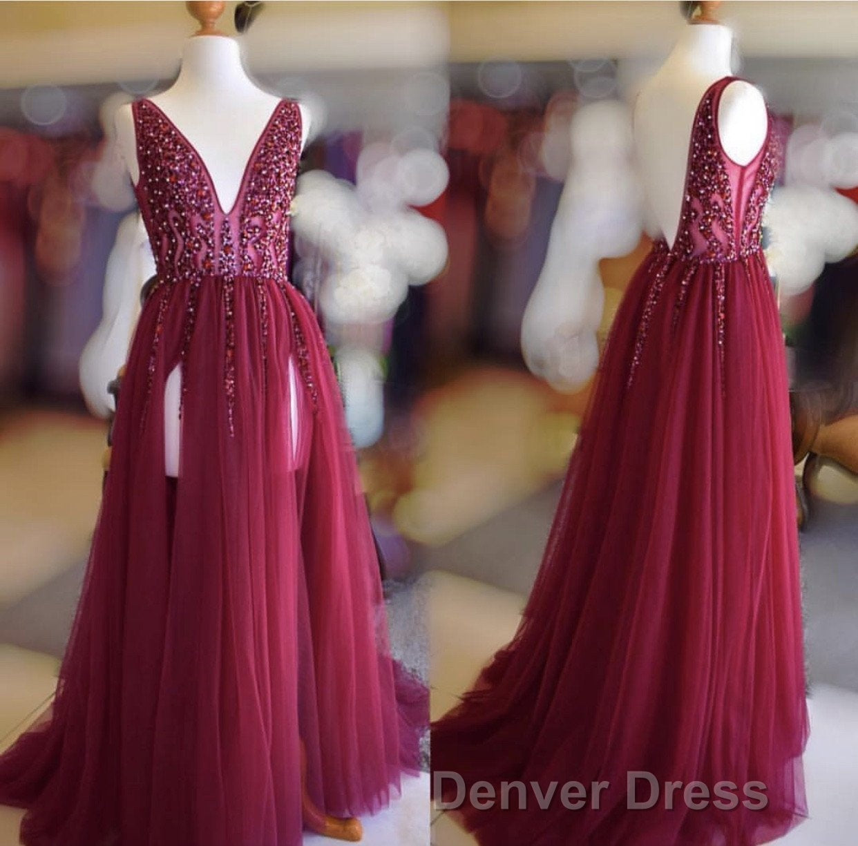 Long Tulle V-neck Prom Dresses Sequin Beaded Evening Gowns Secondary image