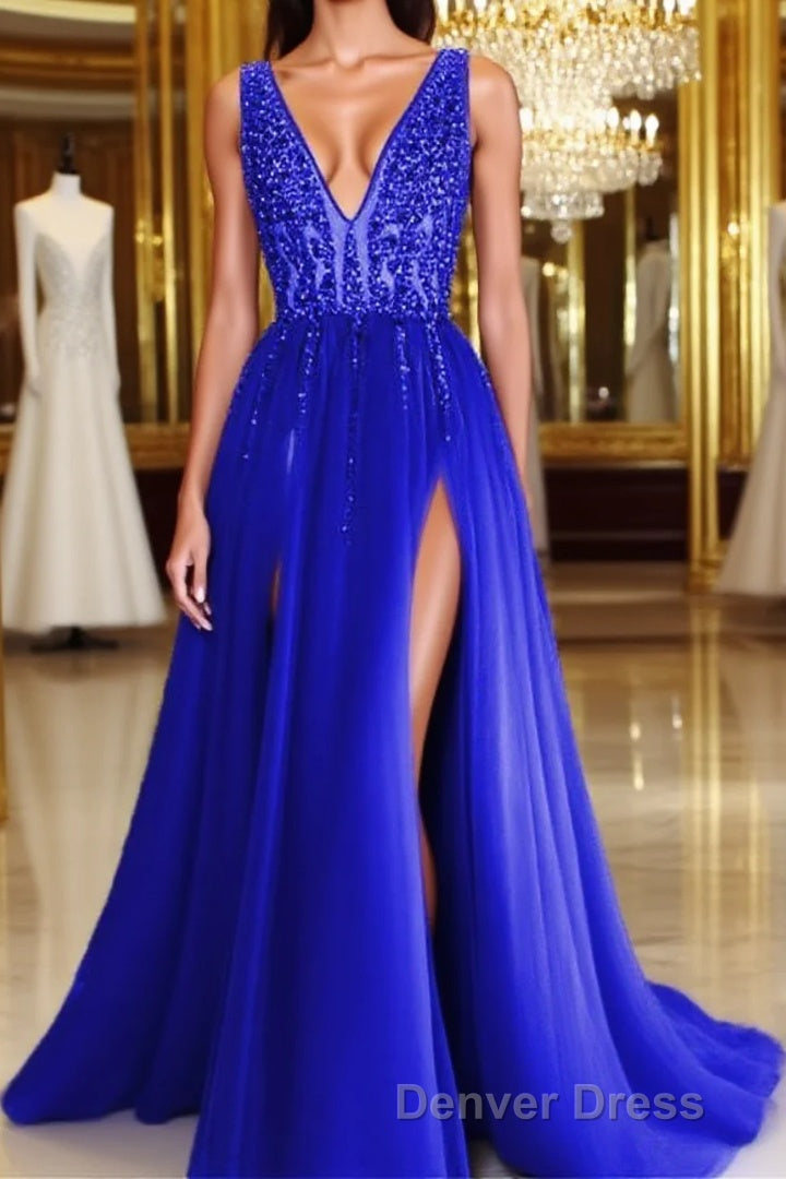 Long Tulle V-neck Prom Dresses Sequin Beaded Evening Gowns Main image