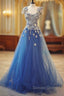 Long Unique Lace Applique Tulle Blue Prom Dresses