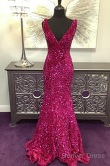 Long V Neck Fuchsia Prom Dress Sequin Mermaid Formal Graduation Dresses