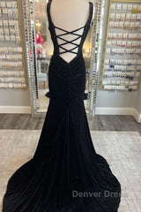 Long Velvet Black Prom Dresses Straps Crystals V Neck Formal Dresses Gowns