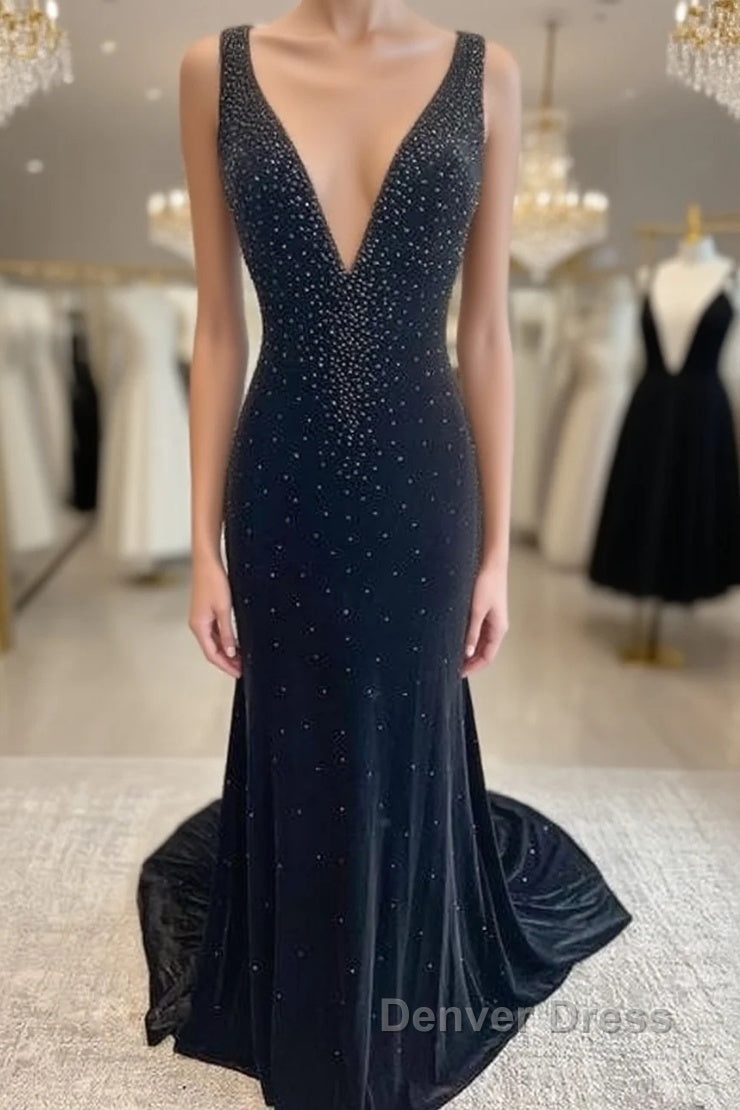 Long Velvet Black Prom Dresses Straps Crystals V Neck Formal Dresses Gowns Main image