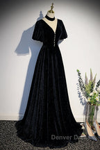 Long Velvet V-Neckline Floor Length Prom Dresses, Black Evening Wedding Party Dresses