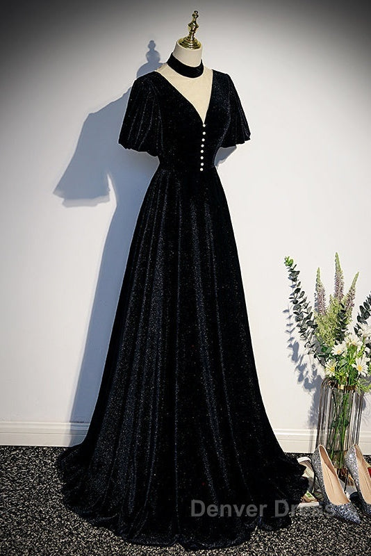 Long Velvet V-Neckline Floor Length Prom Dresses, Black Evening Wedding Party Dresses