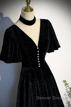 Long Velvet V Neckline Floor Length Prom Dress, Black Prom Wedding Prom Dresses