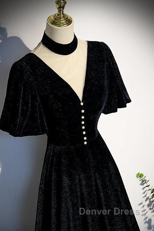 Long Velvet V Neckline Floor Length Prom Dress, Black Prom Wedding Prom Dresses