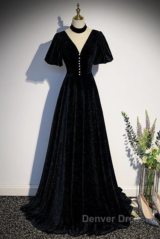 Long Velvet V-Neckline Floor Length Prom Dresses, Black Evening Wedding Party Dresses