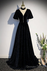 Long Velvet V-Neckline Floor Length Prom Dresses, Black Evening Wedding Party Dresses