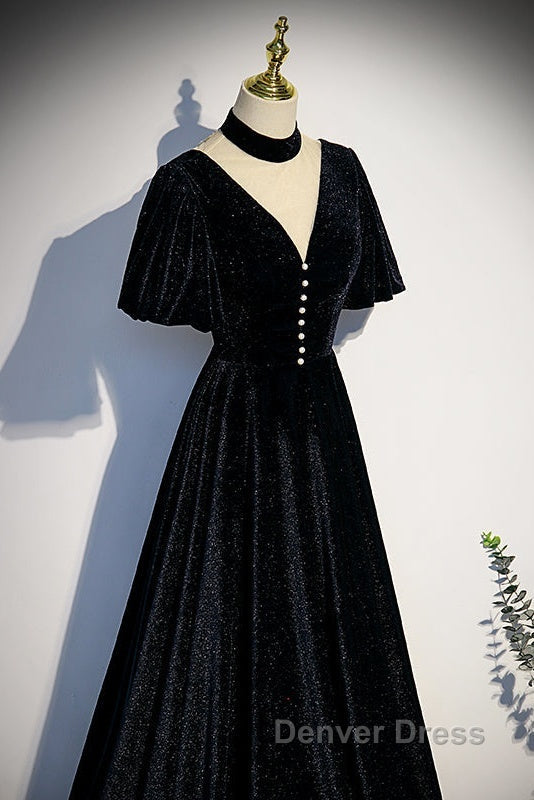 Long Velvet V Neckline Floor Length Prom Dress, Black Prom Wedding Prom Dresses