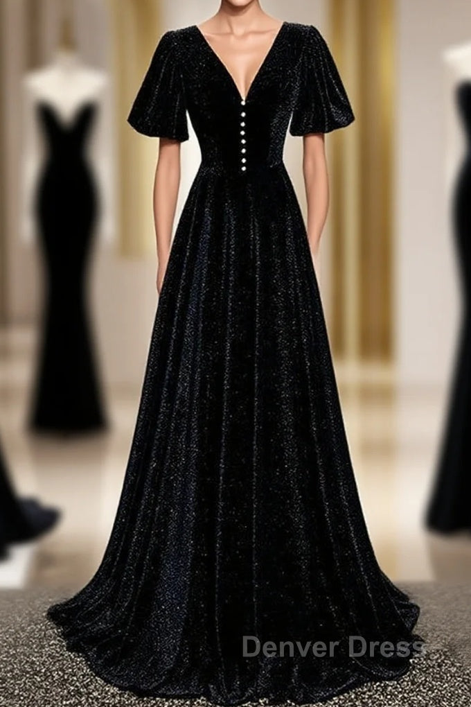 Long Velvet V-Neckline Floor Length Prom Dresses, Black Evening Wedding Party Dresses