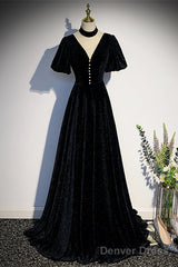 Long Velvet V-Neckline Floor Length Prom Dresses, Black Evening Wedding Party Dresses