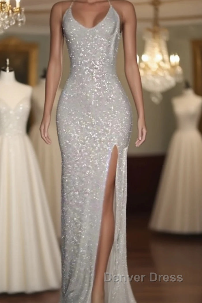 Long White Sequin Prom Dresses Cross Back Halter Evening Gown