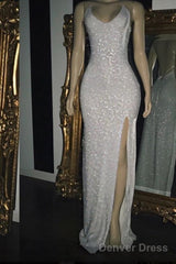 Long White Sequin Prom Dresses Cross Back Halter Evening Gown