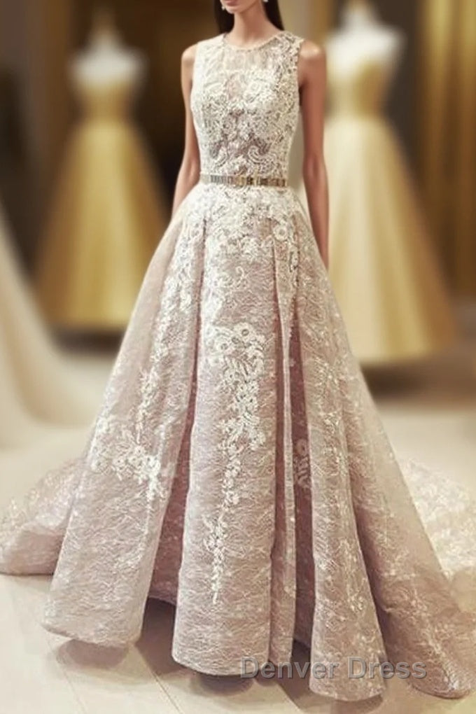 Gorgeous Round Neck Sleeveless Lace Prom Dresses Sweep Train with Appliques Main image