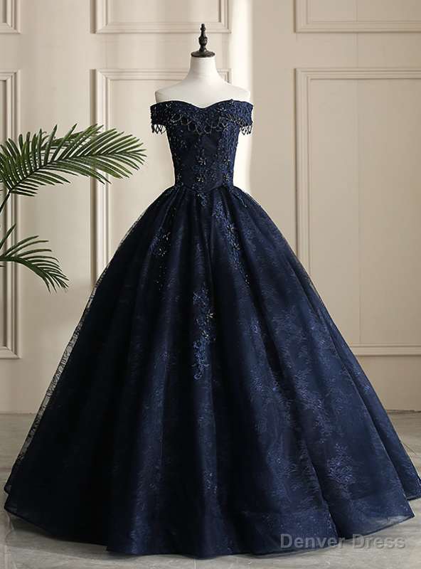 Looking For Cute And Stylish Navy Blue Ball Gown Tulle Lace Off the Shoulder Beading Quinceanera Dress