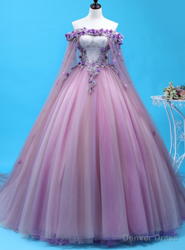 Looking For Gorgeous Purple Ball Gown Tulle Appliques Off the Shoulder Quinceanera Dress Main image