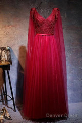 Love Pearl Beaded V Neck Long Burgundy Evening Dresses
