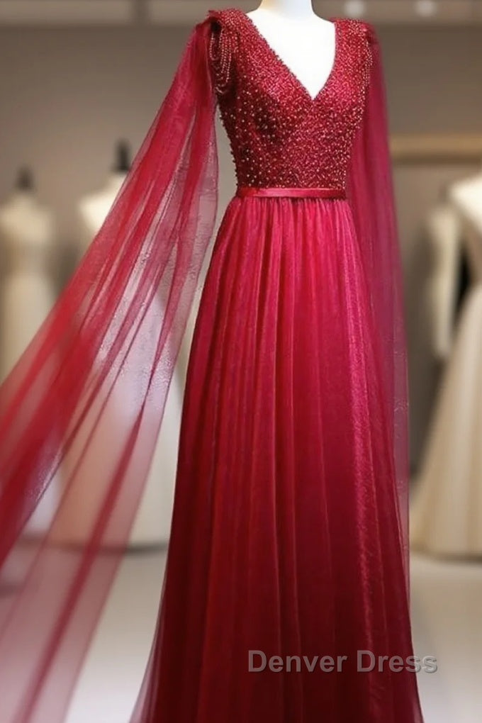 Love Pearl Beaded V Neck Long Burgundy Evening Dresses Main image