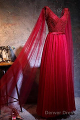 Love Pearl Beaded V Neck Long Burgundy Evening Dresses