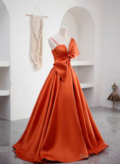 Spaghetti Straps Orange Satin Prom Formal Dress, A-Line Floor Length Evening Dress