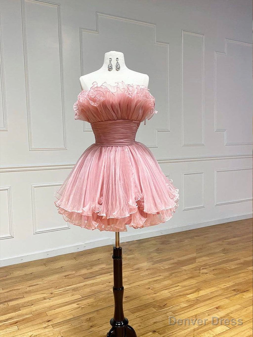 Pink Strapless Tulle Short Prom Dress, Cute A Line Homecoming Dresses