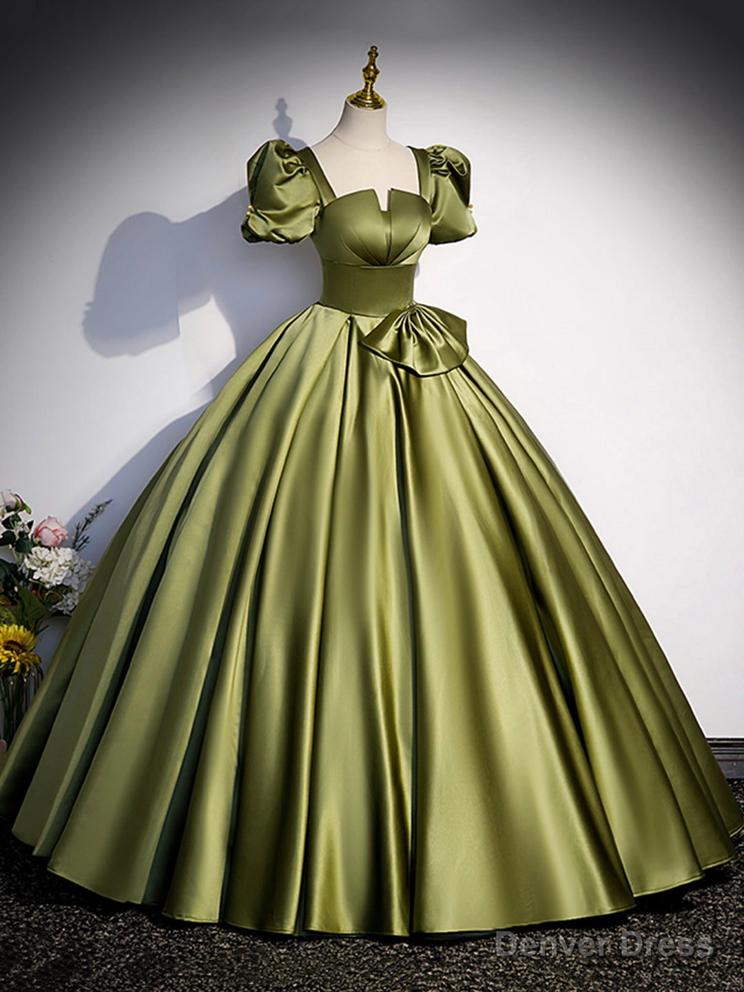 Green Satin Short Sleeve Floor Length Formal Dress, Green A-Line Prom Dress Main image