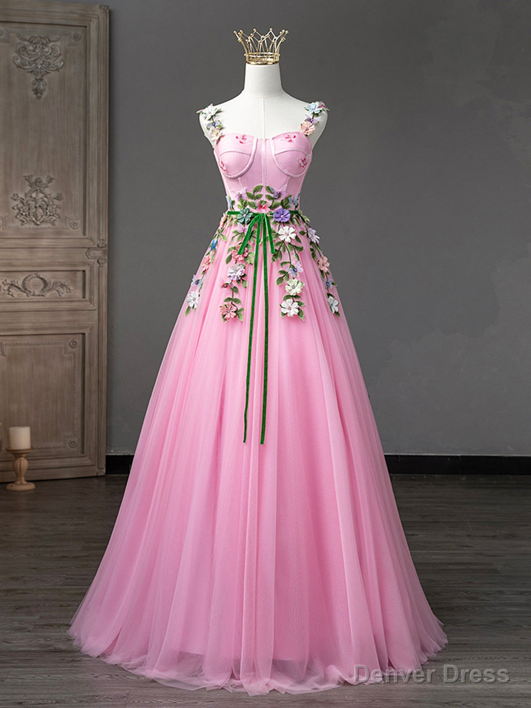 Pink Tulle Flower Long Prom Dresses, Lovely Spaghetti Formal Dresses Sweet 16 Dresses Main image