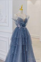 Blue Tulle Layers Straps Beaded Long Prom Dress, A Line Prom Dresses