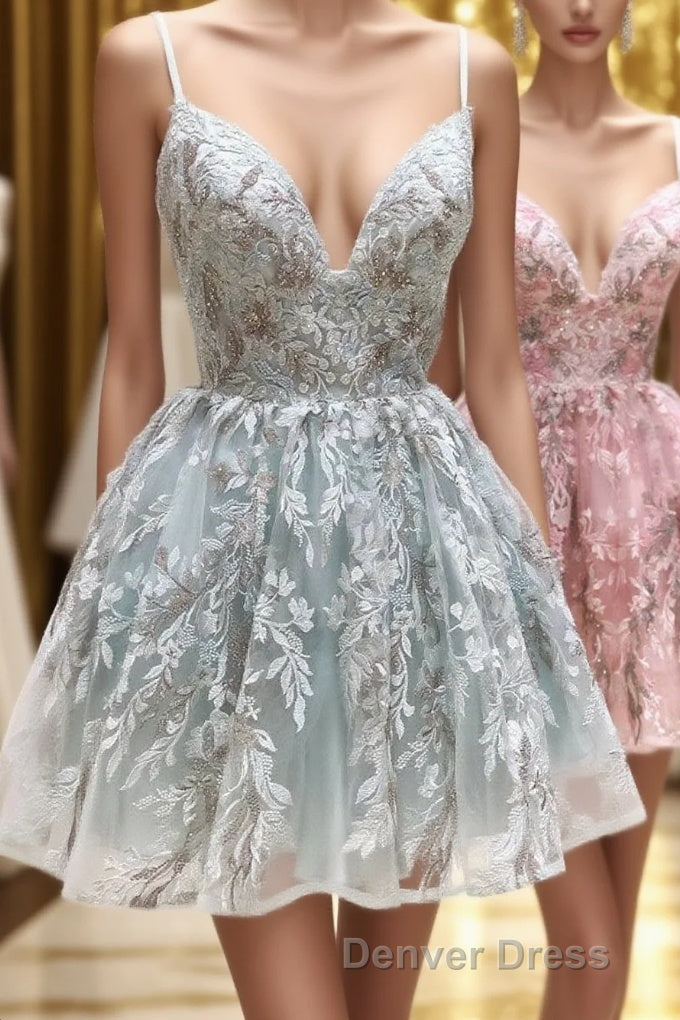 Cute V Neck Lace Short Prom Dress, A Line Homecoming Dresses