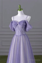 Lovely A-line Light Purple Tulle Beaded Long Party Dress, Light Purple Prom Dress