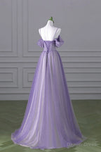 Lovely A Line Light Purple Tulle Beaded Long Prom Dress, Light Purple Prom Dresses