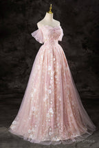 Lovely A Line Off the Shoulder Sequins Prom Dress, Pink Tulle Corset Floor Length Prom Dresses