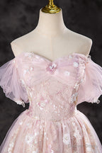 Lovely A Line Off the Shoulder Sequins Prom Dress, Pink Tulle Corset Floor Length Prom Dresses