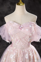 Lovely A-Line Off the Shoulder Sequins Prom Dress, Pink Tulle Corset Floor Length Evening Dress