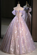 Lovely A Line Off the Shoulder Sequins Prom Dress, Purple Tulle Corset Floor Length Prom Dresses