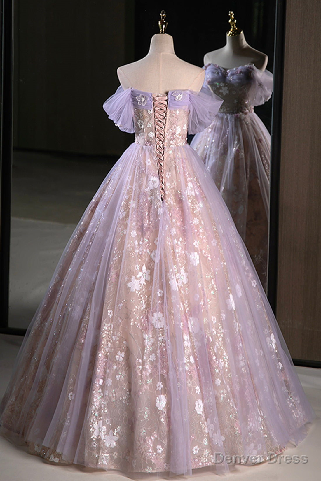 Lovely A Line Off the Shoulder Sequins Prom Dress, Purple Tulle Corset Floor Length Prom Dresses