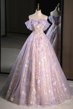 Lovely A Line Off the Shoulder Sequins Prom Dress, Purple Tulle Corset Floor Length Prom Dresses