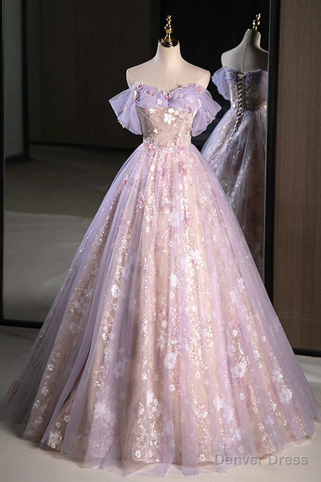 Lovely A Line Off the Shoulder Sequins Prom Dress, Purple Tulle Corset Floor Length Prom Dresses