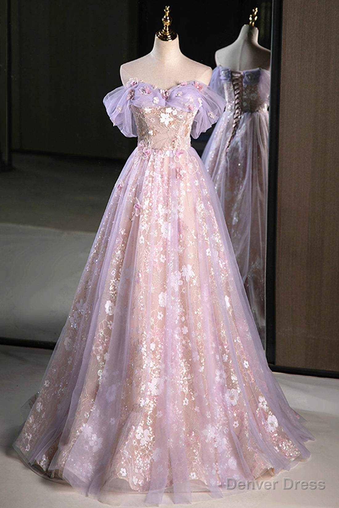 Lovely A Line Off the Shoulder Sequins Prom Dress, Purple Tulle Corset Floor Length Prom Dresses