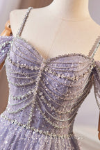 Lovely A-Line Tulle Sequins Floor Length Prom Dresses, Off The Shoulder Evening Party Dresses