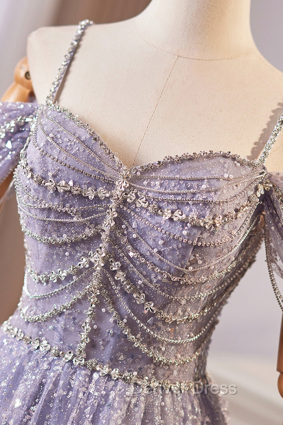 Lovely A-Line Tulle Sequins Floor Length Prom Dresses, Off The Shoulder Evening Party Dresses