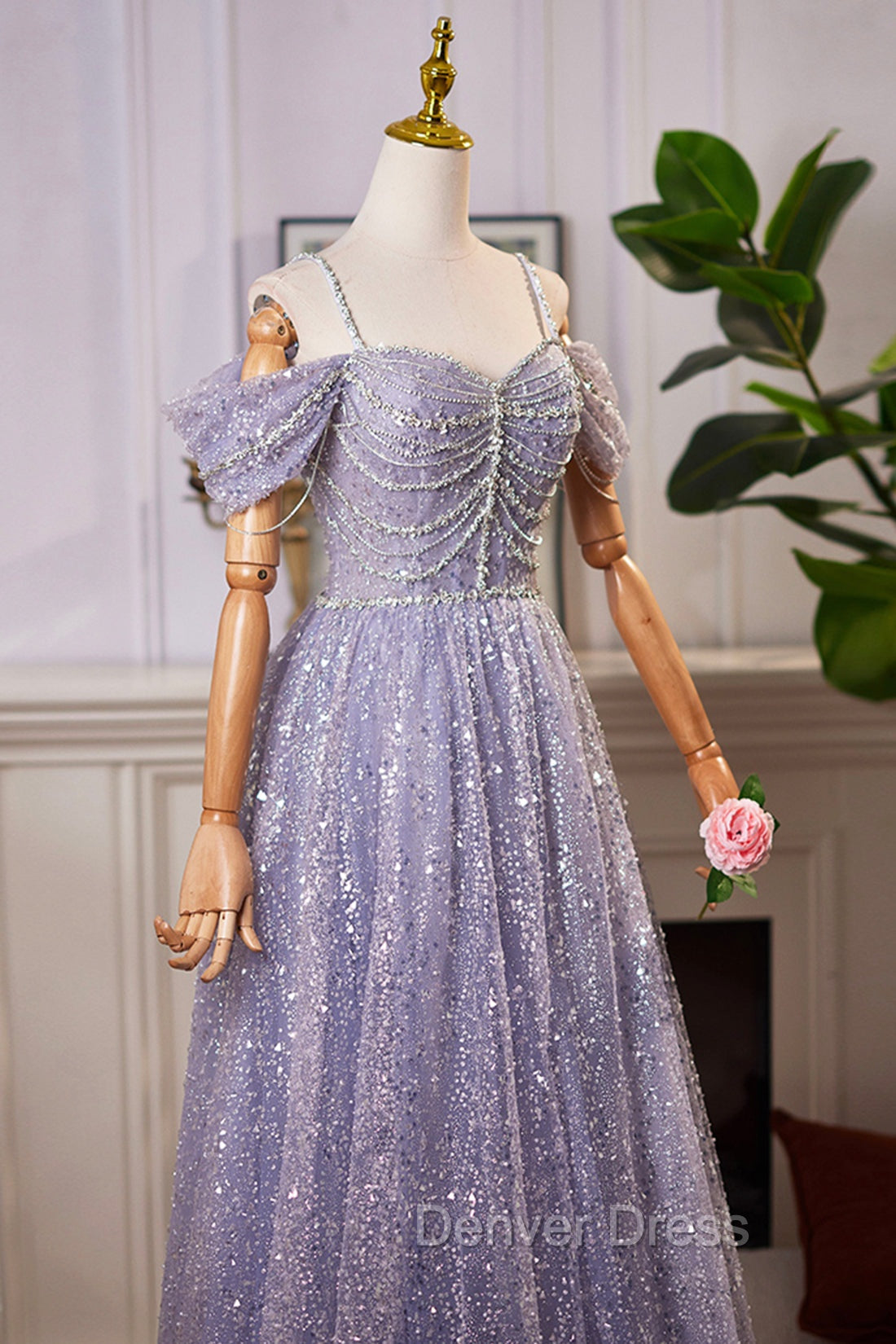 Lovely A-Line Tulle Sequins Floor Length Prom Dresses, Off The Shoulder Evening Party Dresses