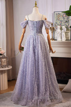 Lovely A-Line Tulle Sequins Floor Length Prom Dresses, Off The Shoulder Evening Party Dresses
